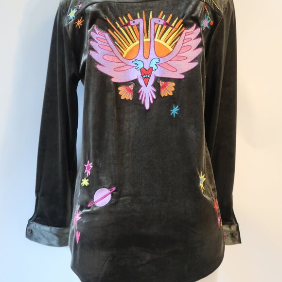 NWT Womens Romi Basha Cosmic Green Multicolor Boho Chic Velvet Shirt Top M - Picture 7 of 11